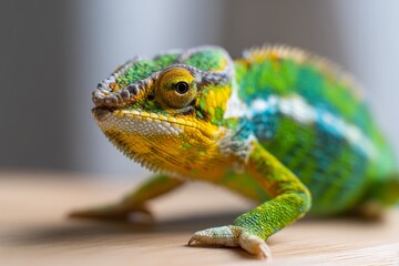 Obraz premium Bright Chameleon with Mosaic Pattern in Green and Yellow Colors