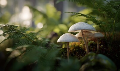 Fototapeta premium Three mushrooms are growing on a mossy log