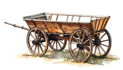 Obraz premium Illustration of an empty, four-wheeled wooden farm cart with a long tow bar, set on the ground