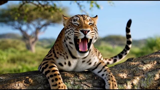 Leopard resting on tree branch savannah.