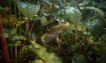 A green frog is sitting in the grass