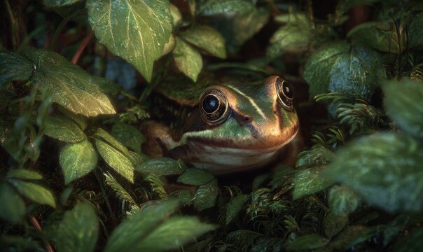 A frog is sitting in the middle of some green leaves