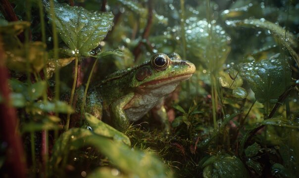 A green frog is sitting in the grass