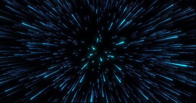 Blue light streaks rushing through space tunnel, warp speed effect with glowing particles creating dynamic sci-fi motion and futuristic travel concept.