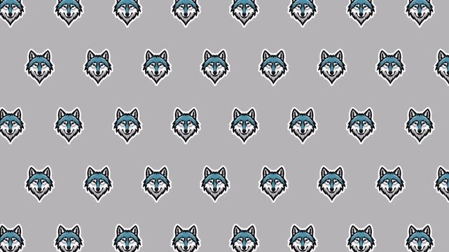 Seamless Animated Wolf Head Pattern Background, Stylized Blue Wolf Mascot Repeat Design, Loopable Motion Vector for Fabric and Wallpaper