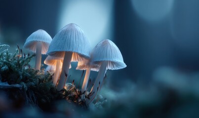 Three white mushrooms are lit up in the dark