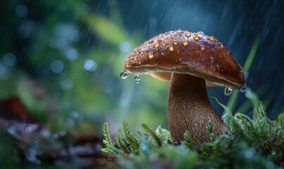 Fototapeta premium A mushroom is sitting on a wet leaf