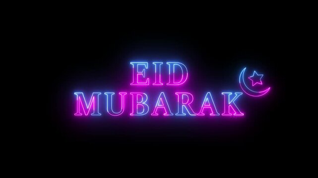 Eid mubarak text glowing neon animation with moon icon on black background. neon "EID MUBARAK" text animation. eID celebration concept.