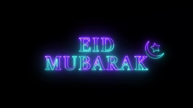 Eid mubarak text glowing neon animation with moon icon on black background. neon "EID MUBARAK" text animation. eID celebration concept.