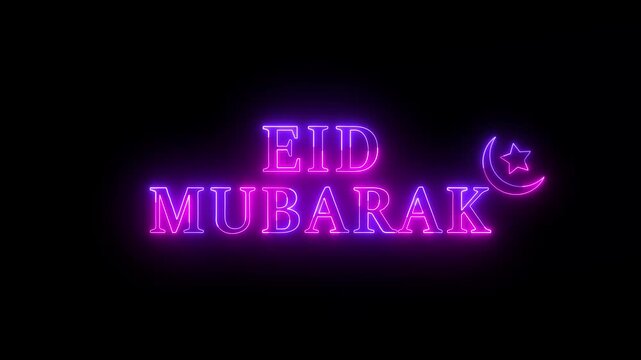 Eid mubarak text glowing neon animation with moon icon on black background. neon "EID MUBARAK" text animation. eID celebration concept.