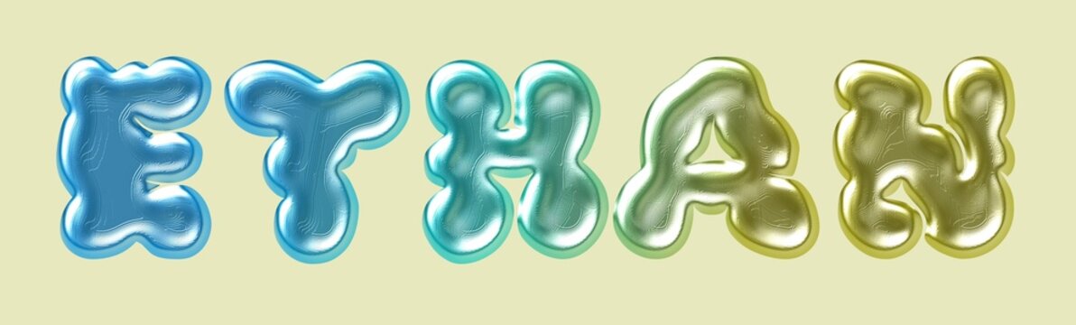 Ethan name. Ethan typography. Funny Childish typography. Famous boys name. Glossy 3D Balloon Typography of the Name Ethan in Metallic Colors.