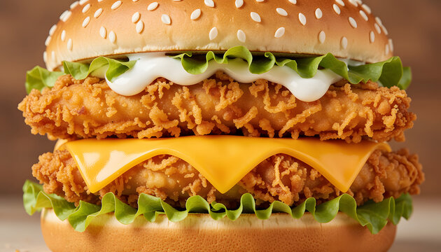High-quality food photography of a double zinger burger with two crispy golden fried chicken fillets stacked with fresh lettuce, melted cheese, and creamy mayonnaise in a sesame seed bun. sauce, ad