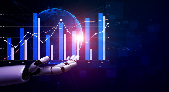 A futuristic robot hand displays vibrant bar graphs against a glowing globe, illustrating advanced data analytics and technology insights in a modern digital setting. Scalp