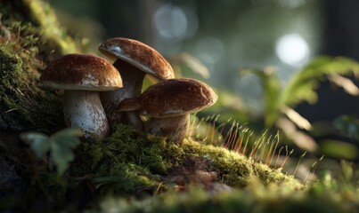 Fototapeta premium Three mushrooms are on a mossy log