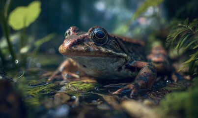 A frog is sitting in a pond