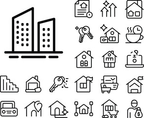 Real estate and property management icons set, housing, investment, documents, charts, transactions, urban living, smart home, lifestyle illustration