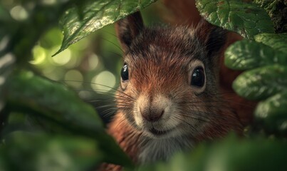 A small brown squirrel is peeking out from behind some leaves