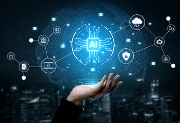 Obraz premium Connected AI platform links cloud services, security, finance and mobile workflows, enabling automation, data analytics and governance for modern digital business. Corpus