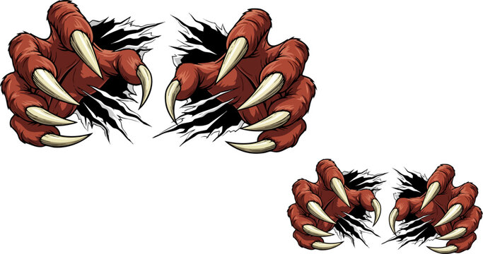 Terrifying massive red dragon or monster claws violently ripping and tearing through a black surface revealing white scratch marks in a dramatic graphic illustration design element.
