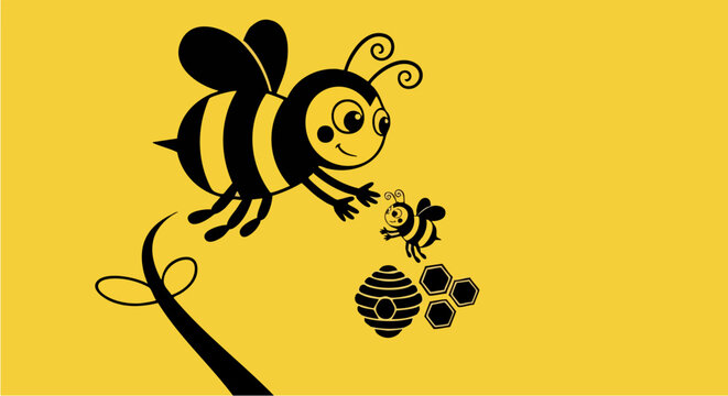 Adorable cartoon illustration of a large happy bumblebee gently extending a helping hand toward a much smaller baby bee near a miniature hive structure against a bright yellow background.