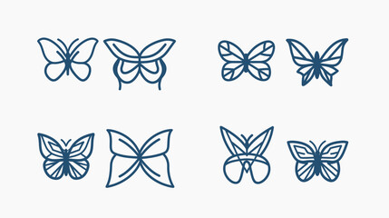 Eight stylized butterfly illustrations, each unique in outline, arranged on a white background