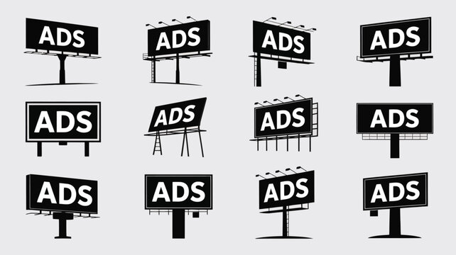 Six different billboards with 'ADS' text vector illustration, flat design, scalable graphic