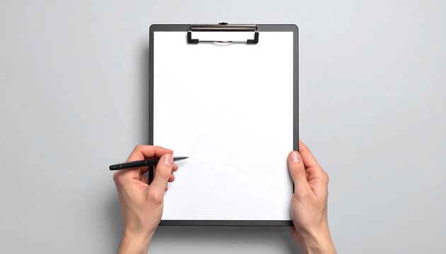 Hands hold a blank clipboard, with a pen poised to write on the clean, white paper against a gray background