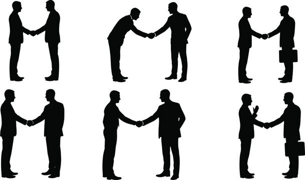 Set of business people silhouettes shaking hands representing professional partnership agreement corporate networking successful deal collaboration office greeting