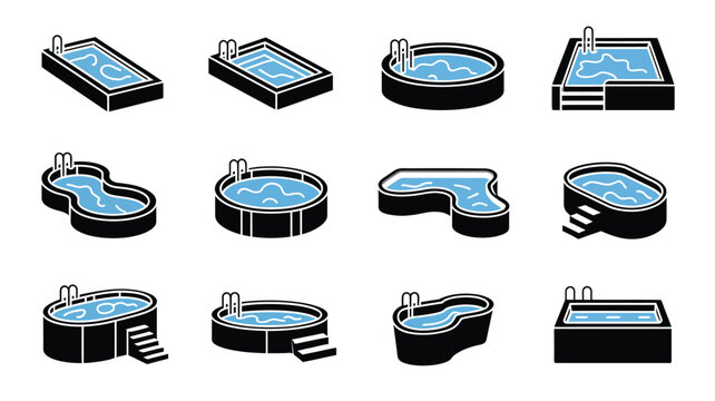 Six different swimming pool shapes vector illustration, flat design, scalable graphic