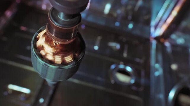 Electric motor rotor with visible copper windings and commutator rotating in an industrial interior. Close-up of an electromechanical component used in power generation