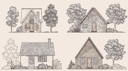 Four grayscale illustrations of quaint houses with trees, shrubs, and architectural details