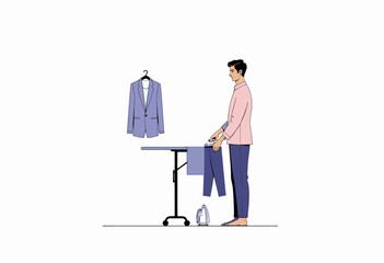Fototapeta premium Man Ironing Trousers and Hanging Jacket on Stand While Using Ironing Board in Minimalist Setting