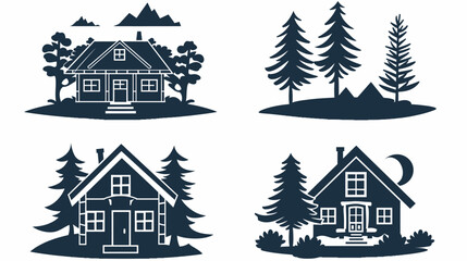 Collection of four silhouette-style illustrations of cabins in natural settings with trees and mountains
