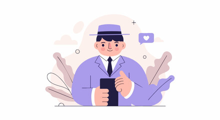 Cheerful businessman in a stylish suit and hat, holding a phone, gives a thumbs up with a heart icon