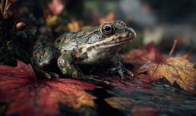 Obraz premium A frog is sitting on a leaf