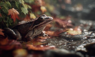 Obraz premium A frog is sitting on a leaf
