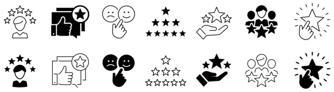 Review icon set. Customer review illustration. Review and Feedback. Rating. Satisfaction. Like. Editable stroke. Vector illustration