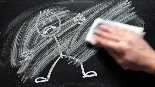 Drawing and erasing a stick figure on a chalkboard in a classroom setting