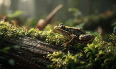 A frog is sitting on a log covered in moss