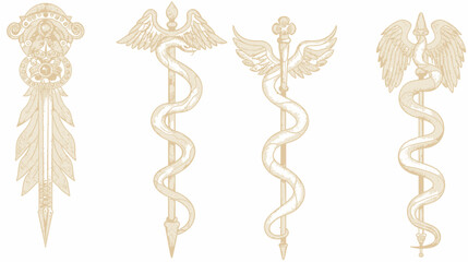 Beige illustrations of medical symbols, a spear, and three caduceus variations