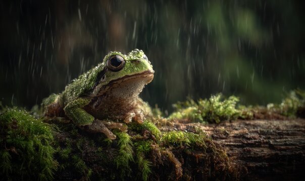 A frog is sitting on a log in the rain