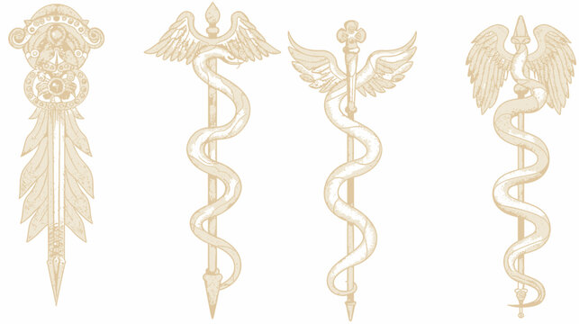 Beige illustrations of medical symbols, a spear, and three caduceus variations