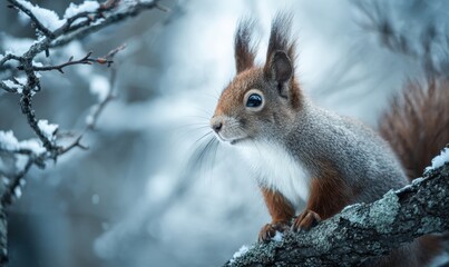 A squirrel is sitting on a branch in the snow