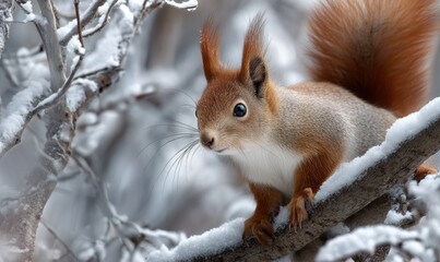 A squirrel is standing on a branch covered in snow