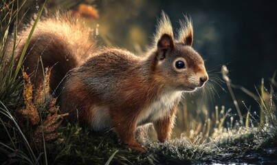 Obraz premium A squirrel is standing on a grassy area