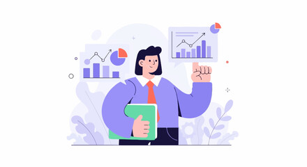 Business professional points up, holding a green folder near charts showing growth