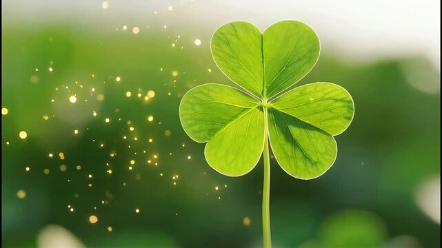 A four-leaf clover with sparkling golden particles on a blurred green background with a shallow depth of field and
