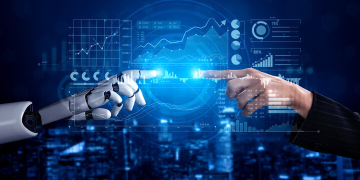 This image captures the intriguing interaction between a robot and a human hand, symbolizing the fusion of technology and human collaboration. Scalp