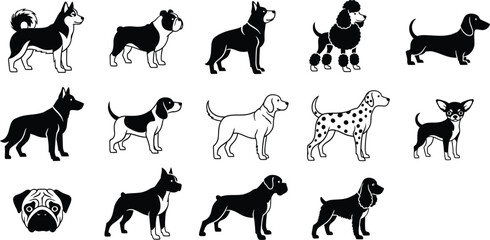 Black and white pixelated illustrations of fifteen popular dog breeds in profile view © Simu Store