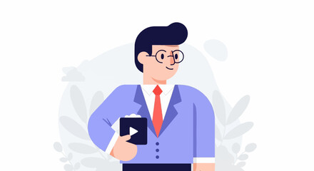 Obraz premium A man in a blue suit and red tie holds a black device with a play button